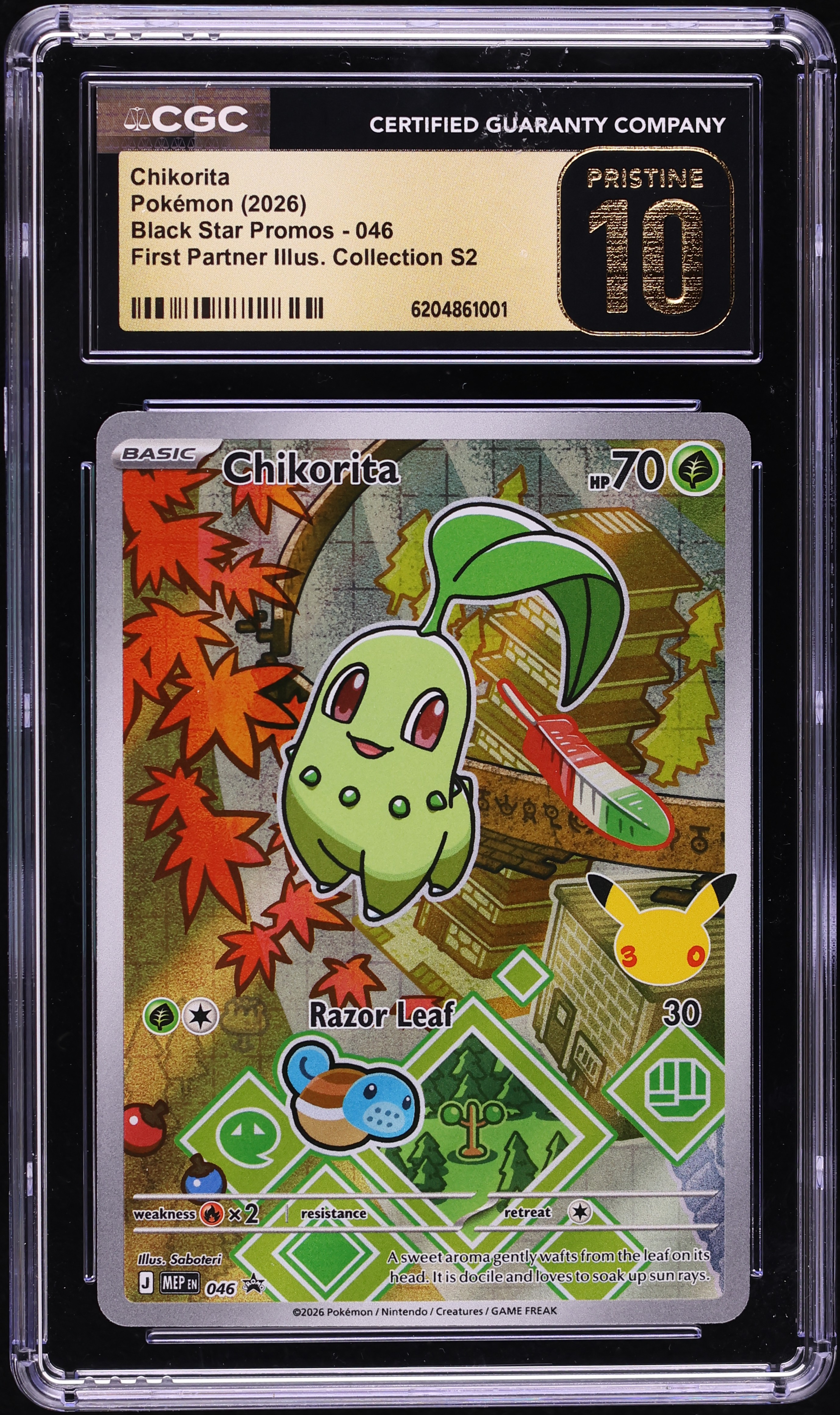 2026 Pokemon Mega Promo First Partner Illustration S2 Full Art Chikorita #46 CGC 10 PRISTINE