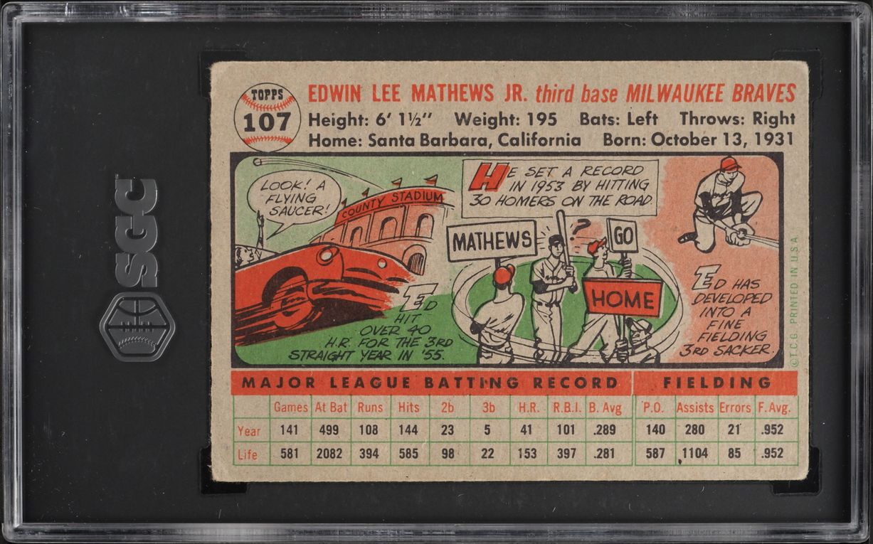 1956 Topps Eddie Mathews GRAY BACK #107 SGC 2 GD
