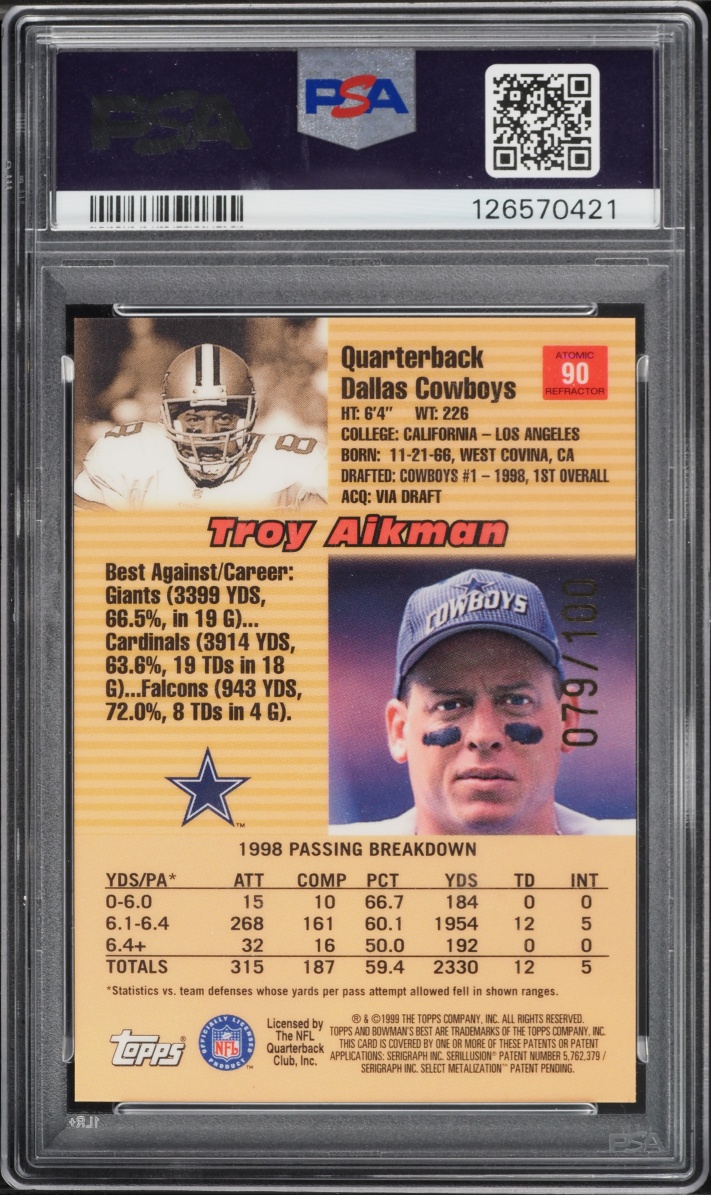 1999 Bowman's Best Atomic Refractor Troy Aikman /100 #90 PSA 9 MINT