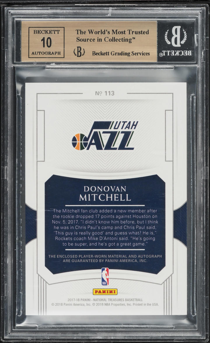 2017 National Treasures Gold Donovan Mitchell ROOKIE PATCH AUTO /10 #113 BGS 9.5
