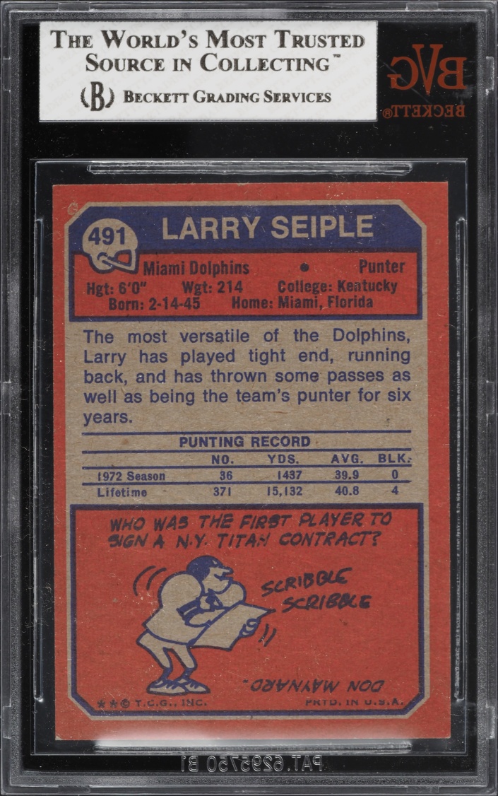 1973 Topps Football Larry Seiple #491 BVG 7.5 NRMT+