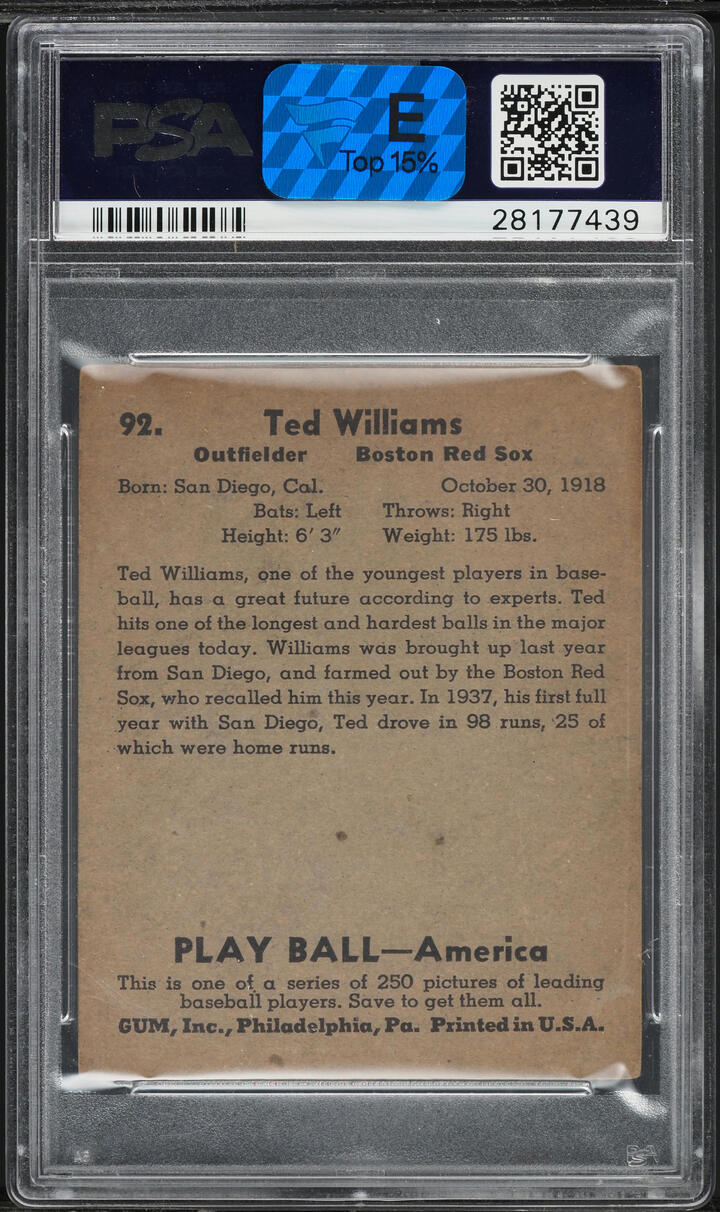 1939 Play Ball Ted Williams #92 PSA 3 VG