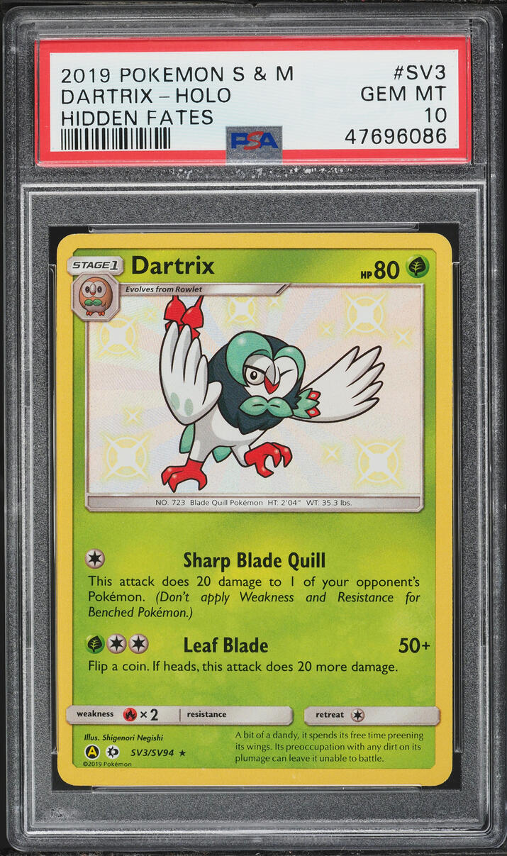 2019 Pokemon Sun & Moon Hidden Fates Shiny Holo Dartrix #SV3 PSA 10 GEM MINT