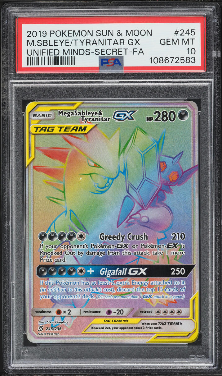 2019 Pokemon Sun & Moon Unified Minds Rainbow Rare Mega Sableye & Tyranitar GX #245 PSA 10 GEM