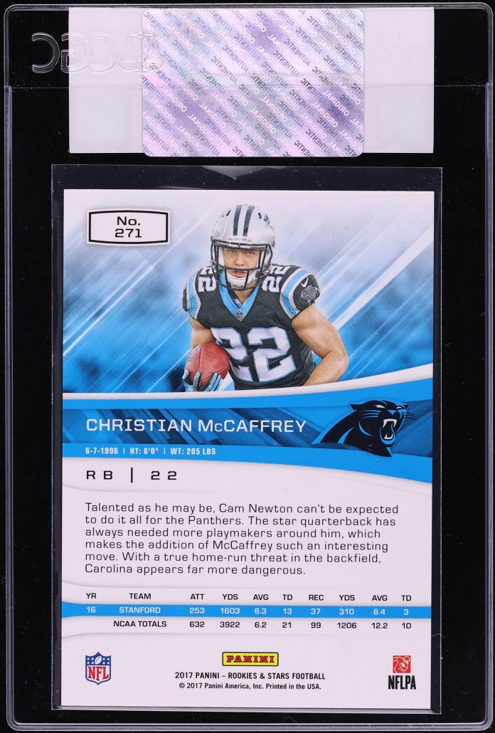 2017 Panini Rookies & Stars Red & Blue Christian McCaffrey ROOKIE /25 #271 CGC AUTH