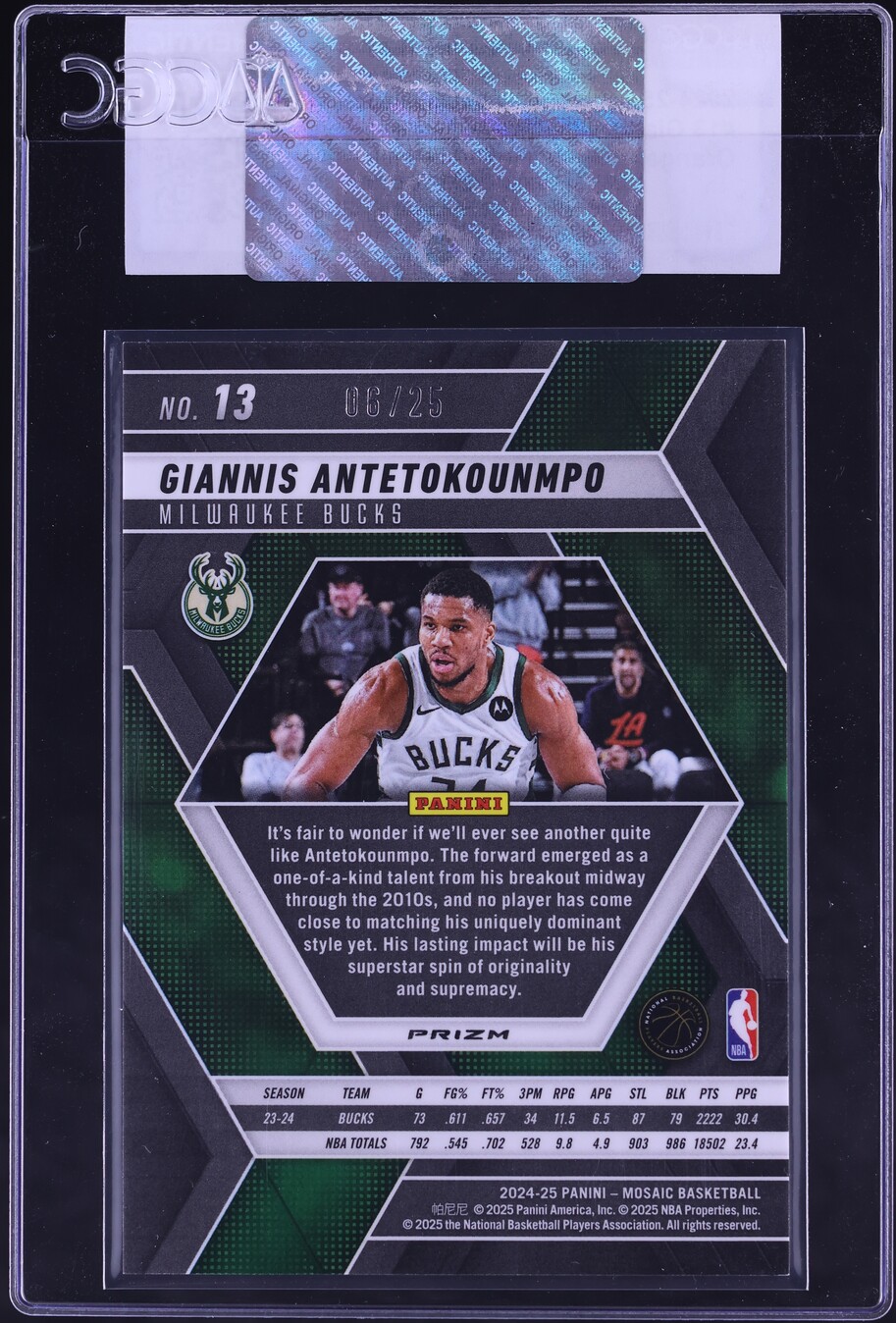 2024 Panini Mosaic Orange Fluorescent Prizm Giannis Antetokounmpo /25 #13 CGC AUTH