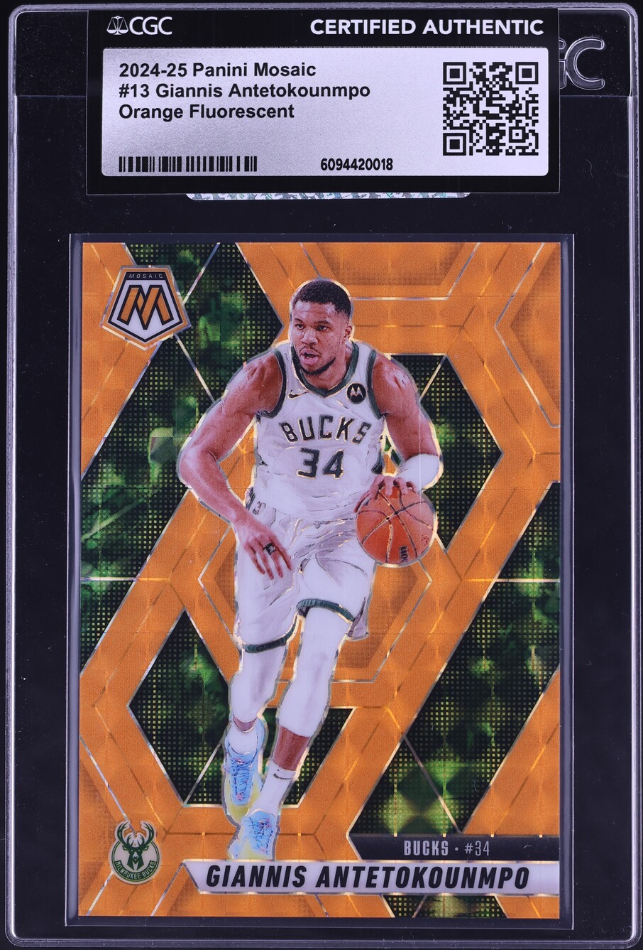 2024 Panini Mosaic Orange Fluorescent Prizm Giannis Antetokounmpo /25 #13 CGC AUTH