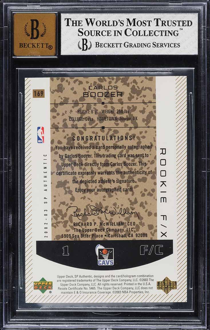 2002 SP Authentic Limited Carlos Boozer ROOKIE AUTO /50 #169 BGS 7.5 NRMT+