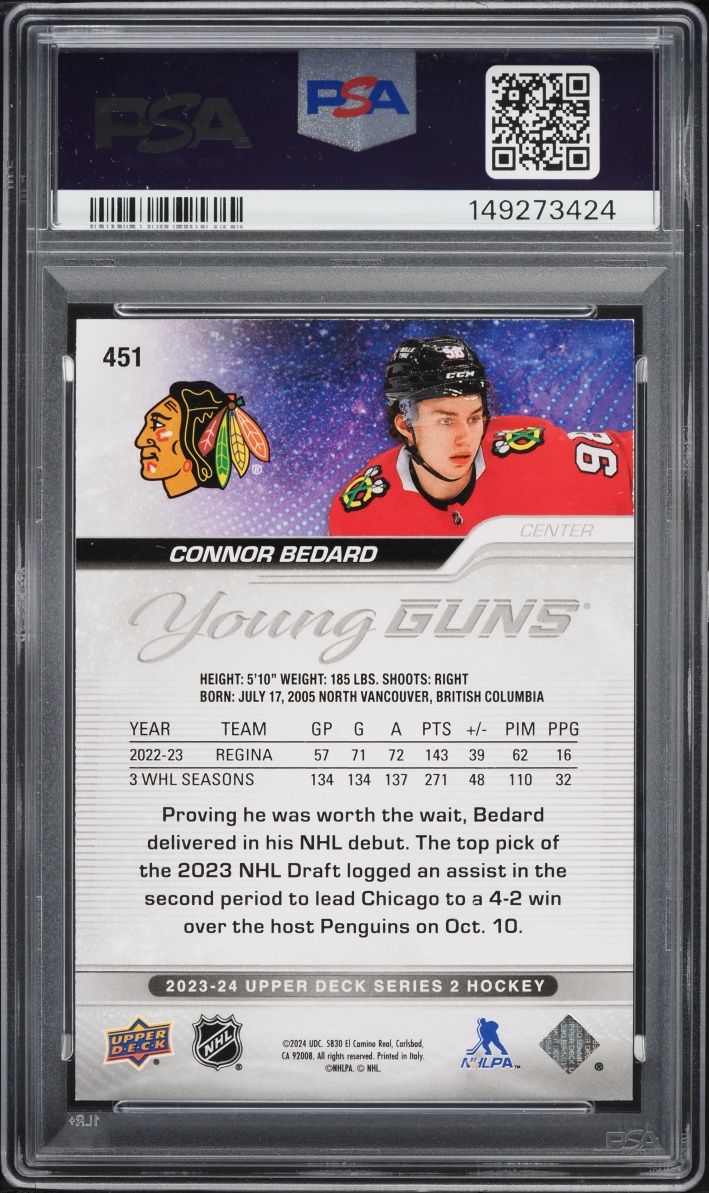 2023 Upper Deck Young Guns Outburst Connor Bedard ROOKIE #451 PSA 9 MINT