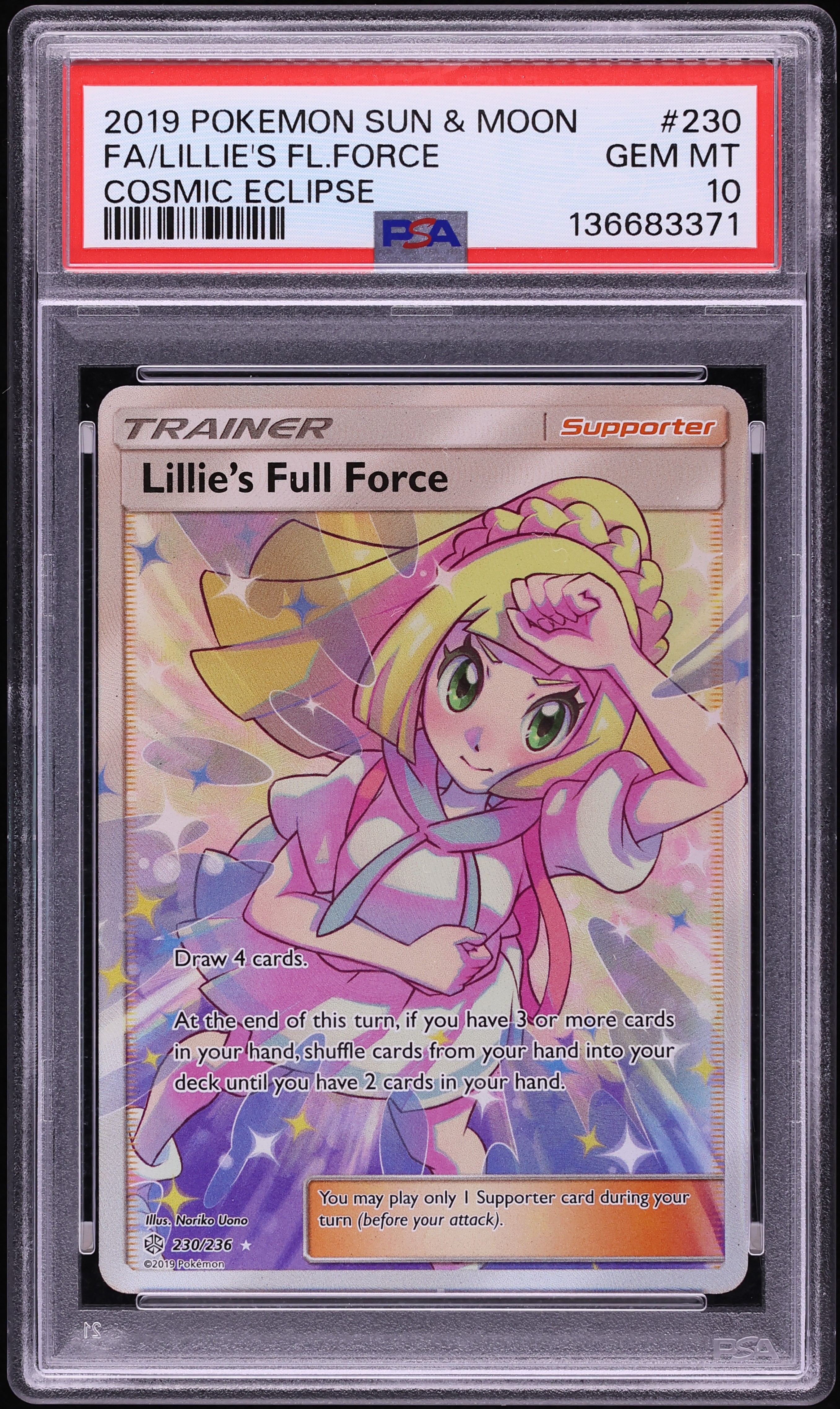 2019 Pokemon Sun & Moon Cosmic Eclipse Full Art Lillie's Full Force #230 PSA 10 GEM MINT