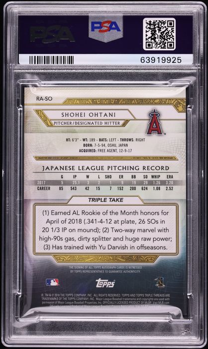 2018 Topps Triple Threads Emerald Shohei Ohtani ROOKIE AUTO /50 #RA-SO PSA 9 MINT