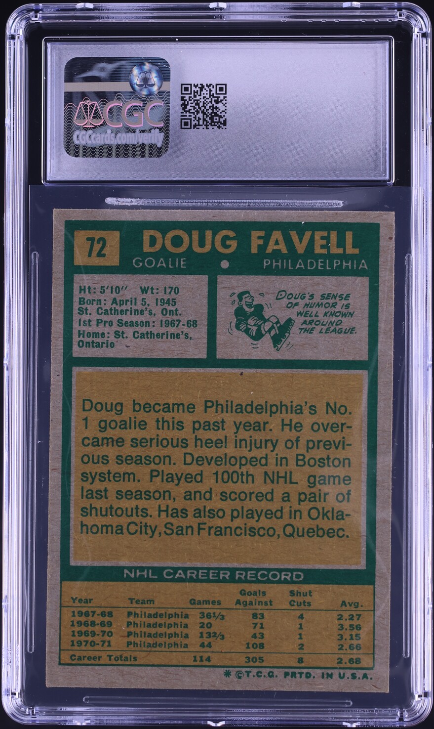 1971 Topps Hockey Doug Favell #72 CGC 5 EX