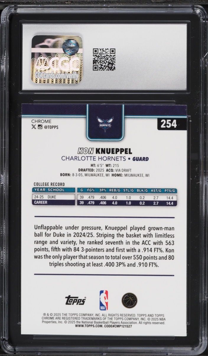 2025 Topps Chrome Kon Knueppel ROOKIE #254 CGC 9 MINT