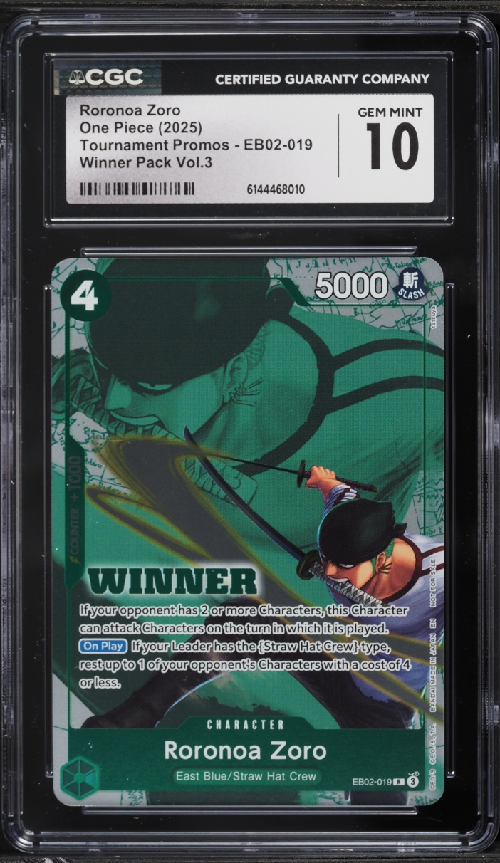 2025 One Piece Tournament Promo Winner Pack Volume 3 Roronoa Zoro #EB02-019 CGC 10 GEM MINT