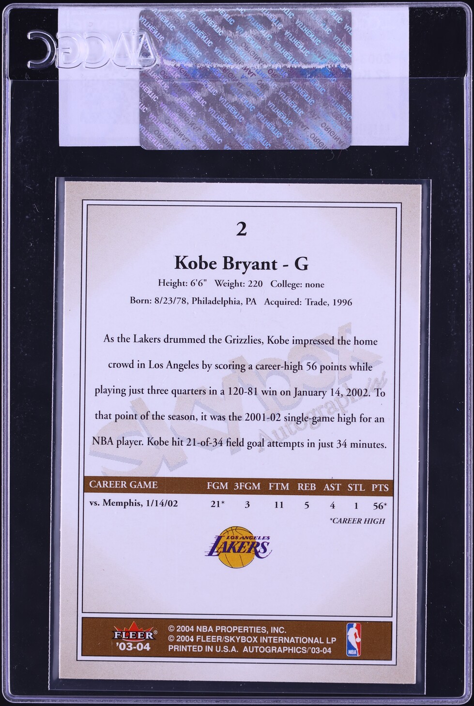 2003 Skybox Autographics Kobe Bryant #2 CGC AUTH