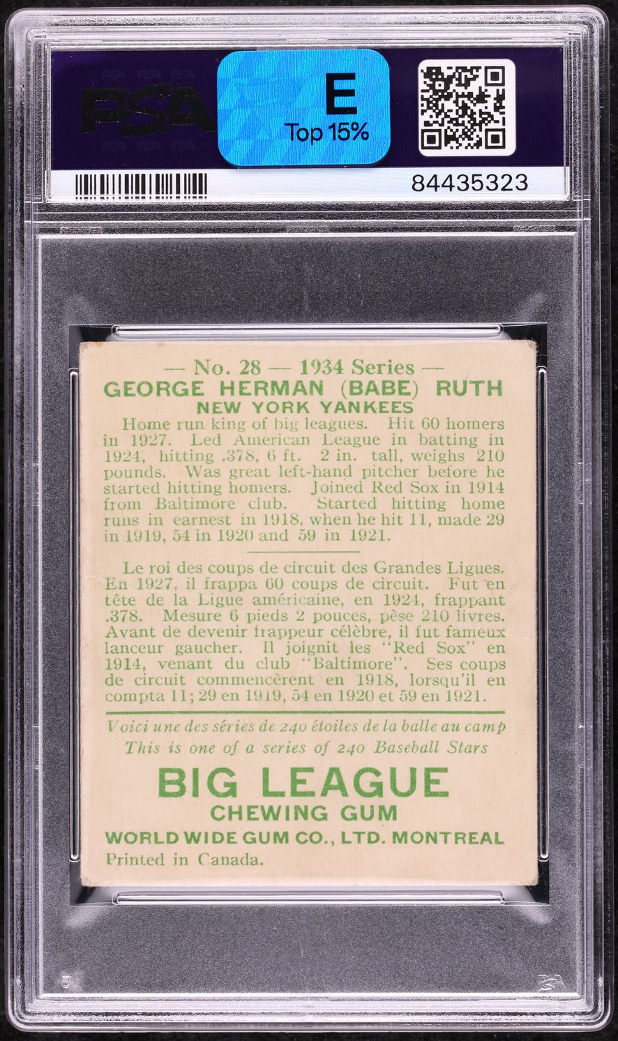 1934 World Wide Gum Babe Ruth #28 PSA 2 GD