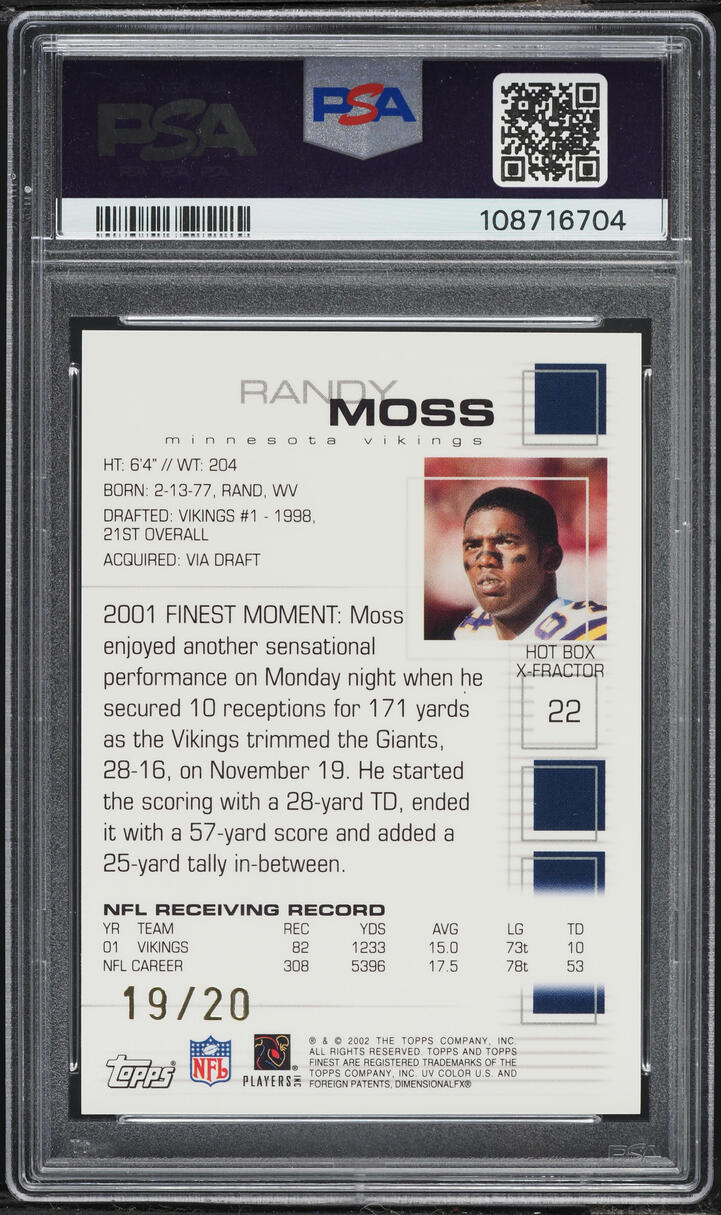 2002 Finest Xfractor Randy Moss /20 #22 PSA 9 MINT