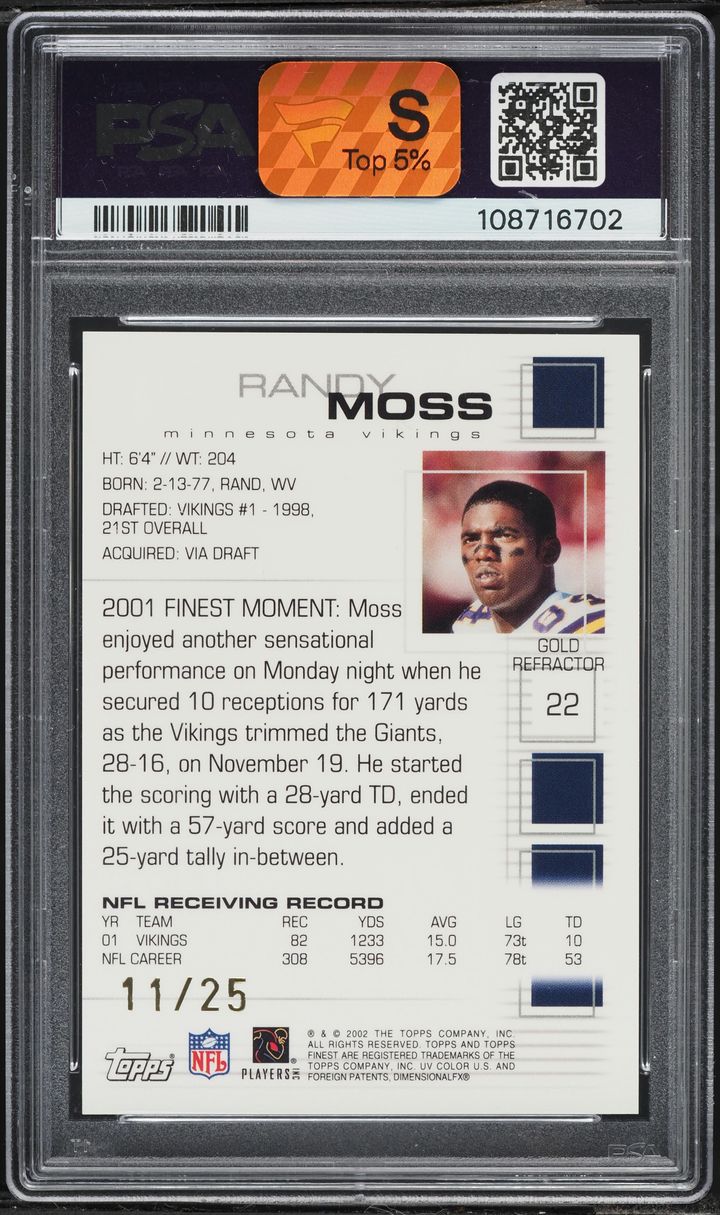 2002 Finest Gold Refractor Randy Moss /25 #22 PSA 10 GEM MINT