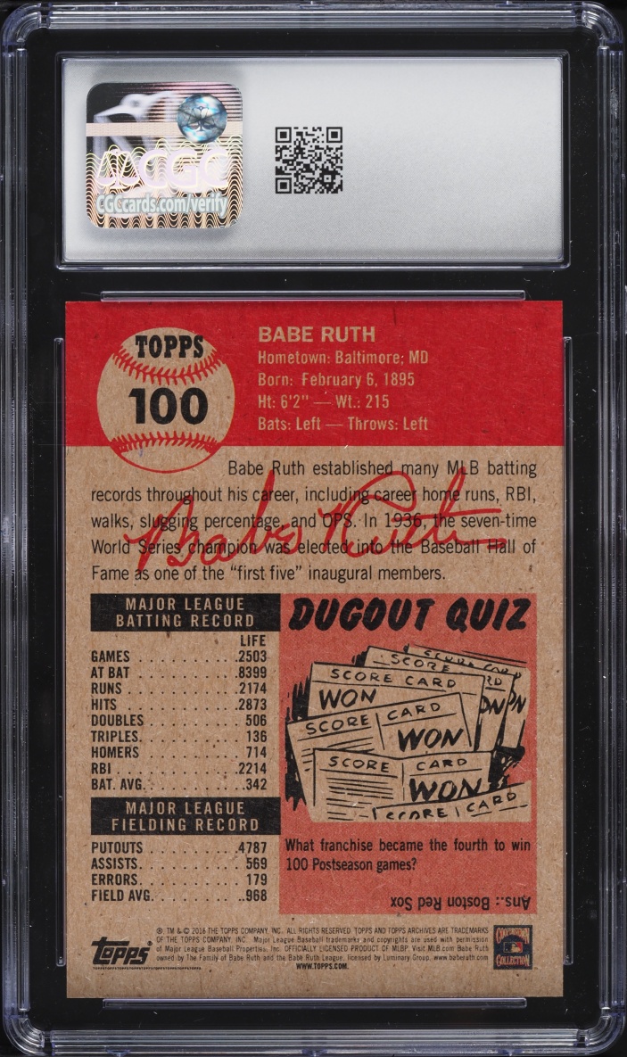 2018 Topps Living Set Babe Ruth #100 CGC 10 GEM MINT