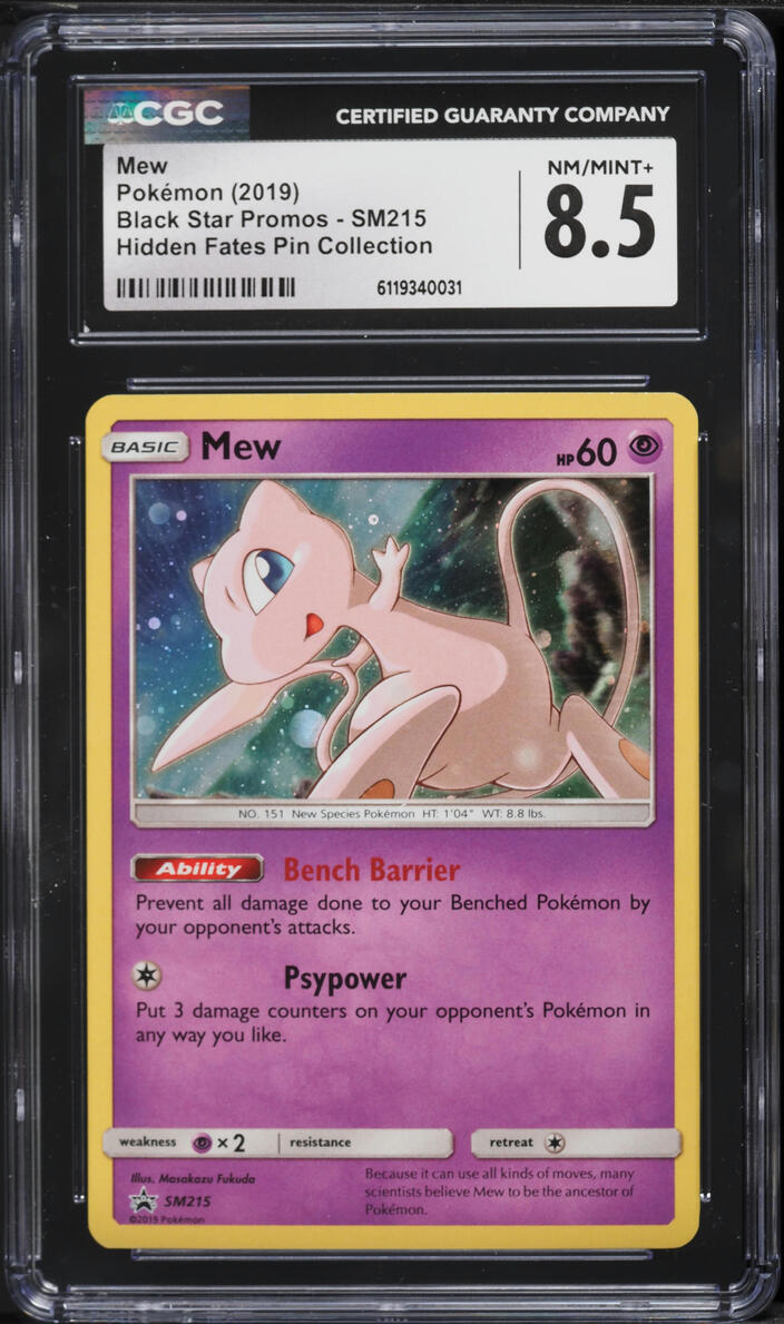 2019 Pokemon Sun & Moon Promo Hidden Fates Pin Collection Holo Mew #SM215 CGC 8.5 NM-MT+