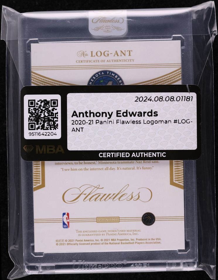 2020 Panini Flawless Anthony Edwards ROOKIE LOGOMAN PATCH 1/1 #LOG-ANT MBA AUTH
