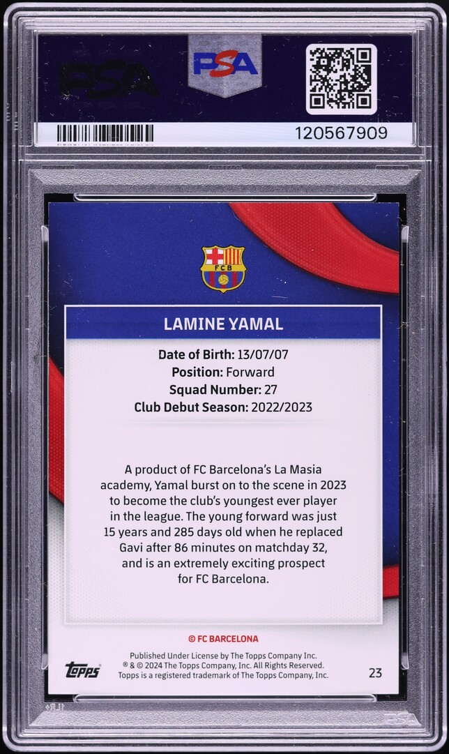 2023 Topps FC Barcelona Team Set Blue Lamine Yamal ROOKIE /250 #23 PSA 9 MINT