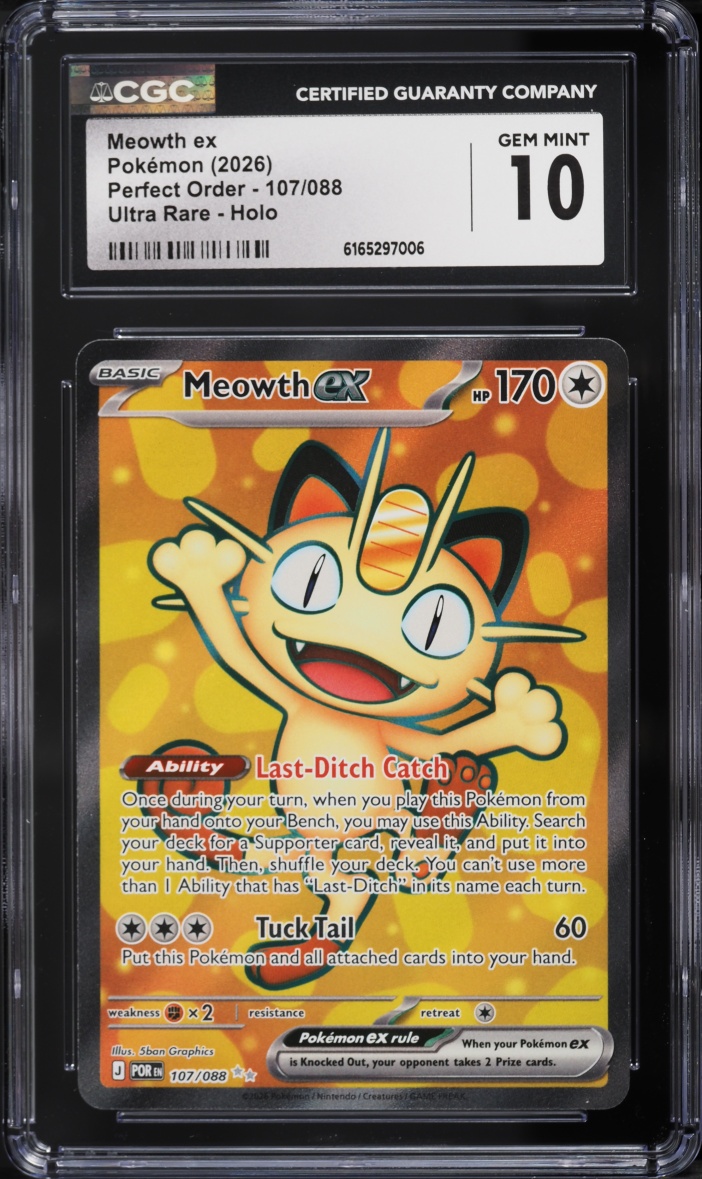 2026 Pokemon Mega Evolution Perfect Order Full Art Meowth ex #107 CGC 10 GEM MINT