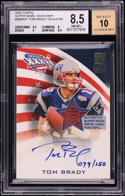 2002 Topps Super Bowl XXXVI MVP Tom Brady RELIC AUTO /150 #SBMVP BGS 8.5 NM-MT+