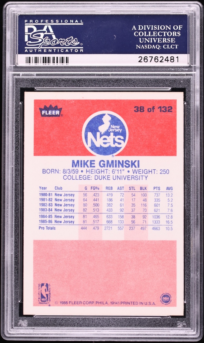 1986 Fleer Basketball Mike Gminski #38 PSA 5 EX