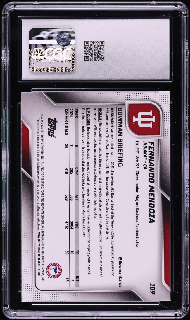 2025 Bowman Chrome University Fernando Mendoza ROOKIE #109 CGC 9 MINT