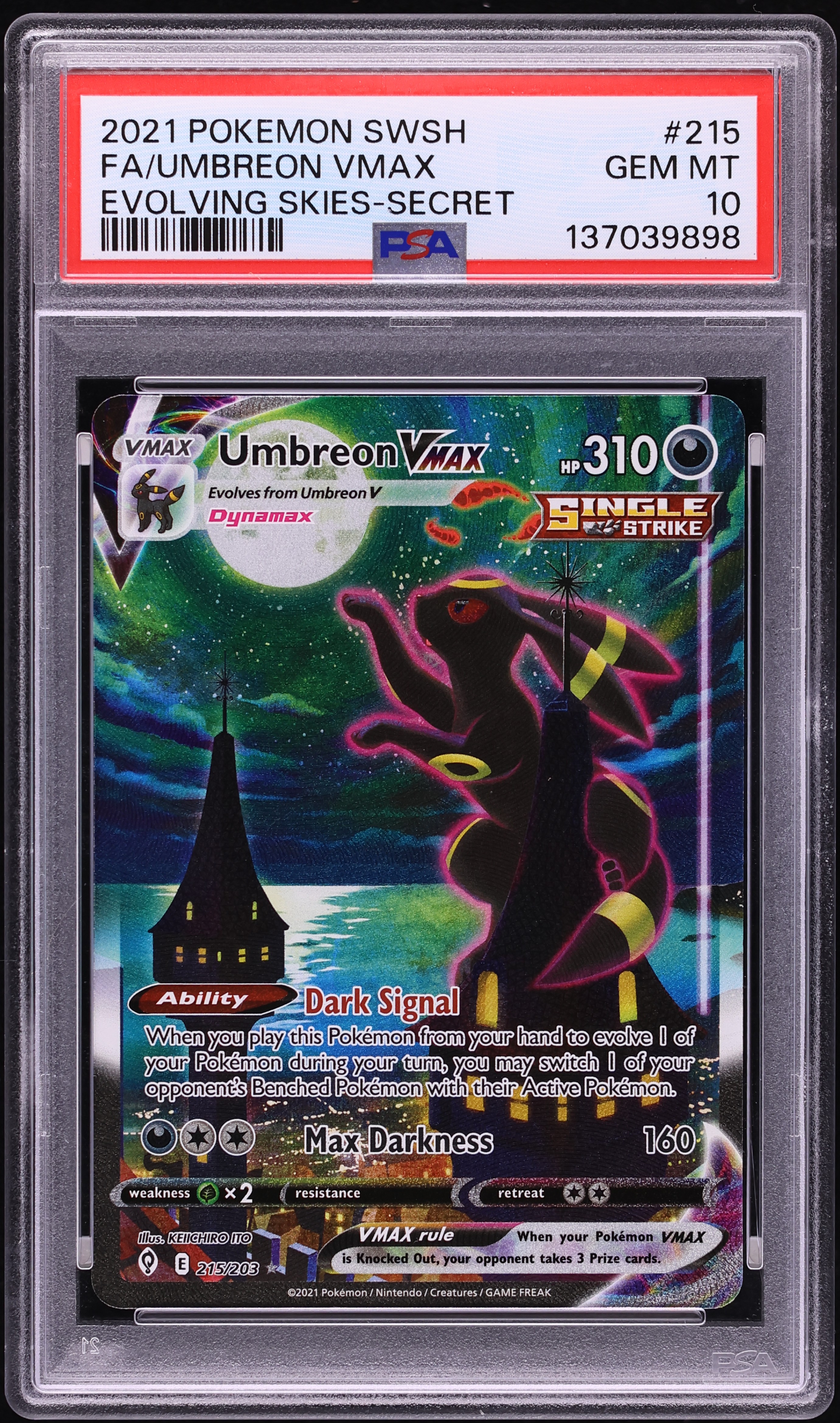 2021 Pokemon Sword & Shield Evolving Skies Alt Art Umbreon VMAX #215 PSA 10 GEM MINT