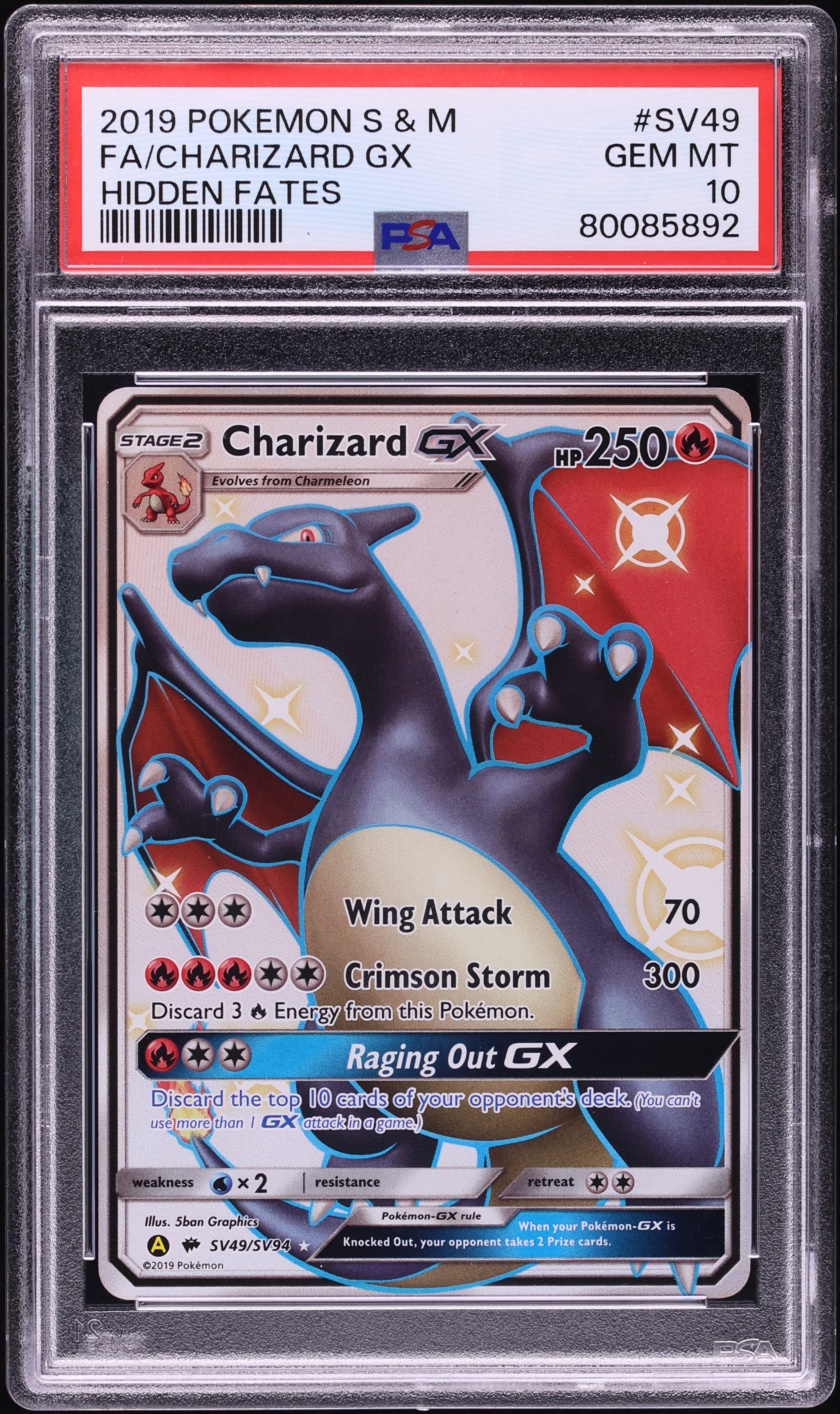 2019 Pokemon Sun & Moon Hidden Fates Full Art Charizard GX #SV49 PSA 10 GEM MINT