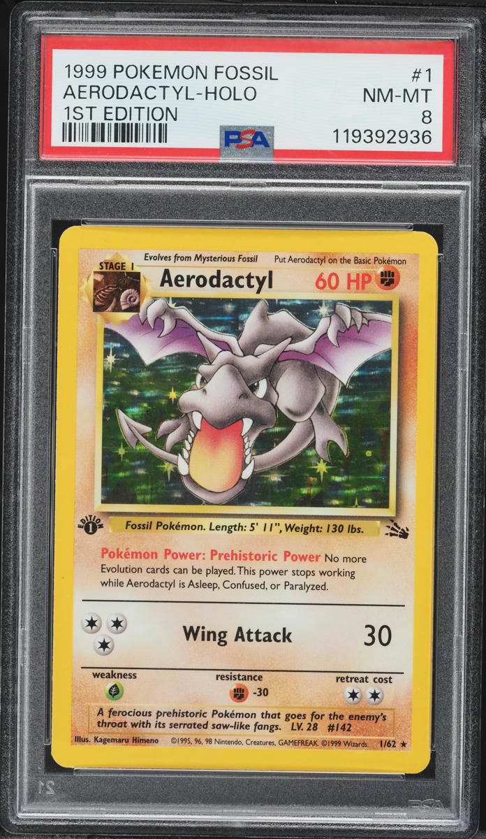 1999 Pokemon Fossil 1st Edition Holo Aerodactyl #1 PSA 8 NM-MT