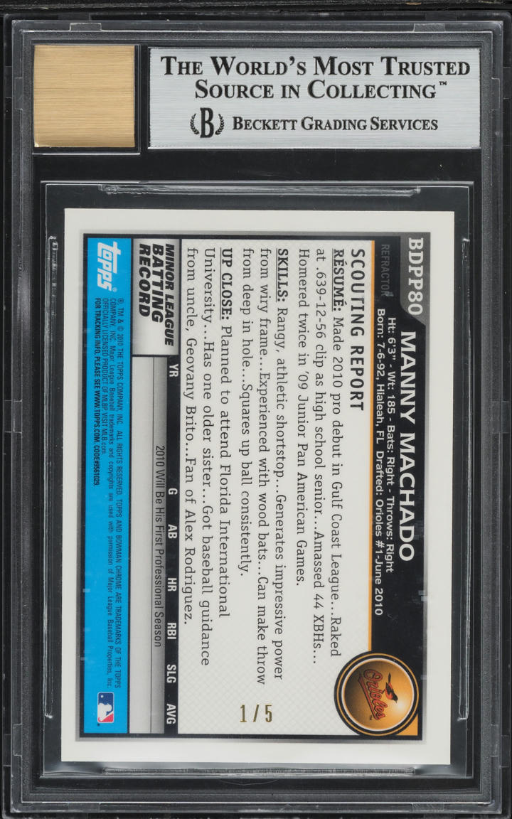 2010 Bowman Chrome Red Refractor Manny Machado PROSPECT AUTO 1/5 #BDPP80 BGS 9 MINT