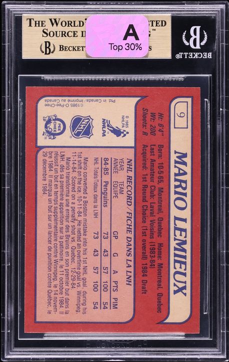 1985 O-Pee-Chee Hockey Mario Lemieux ROOKIE #9 BGS 9.5 GEM MINT