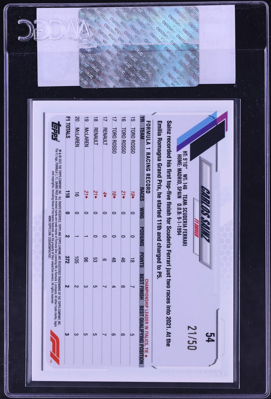 2021 Topps Chrome Formula 1 Gold Refractor Carlos Sainz /50 #54 CGC AUTH