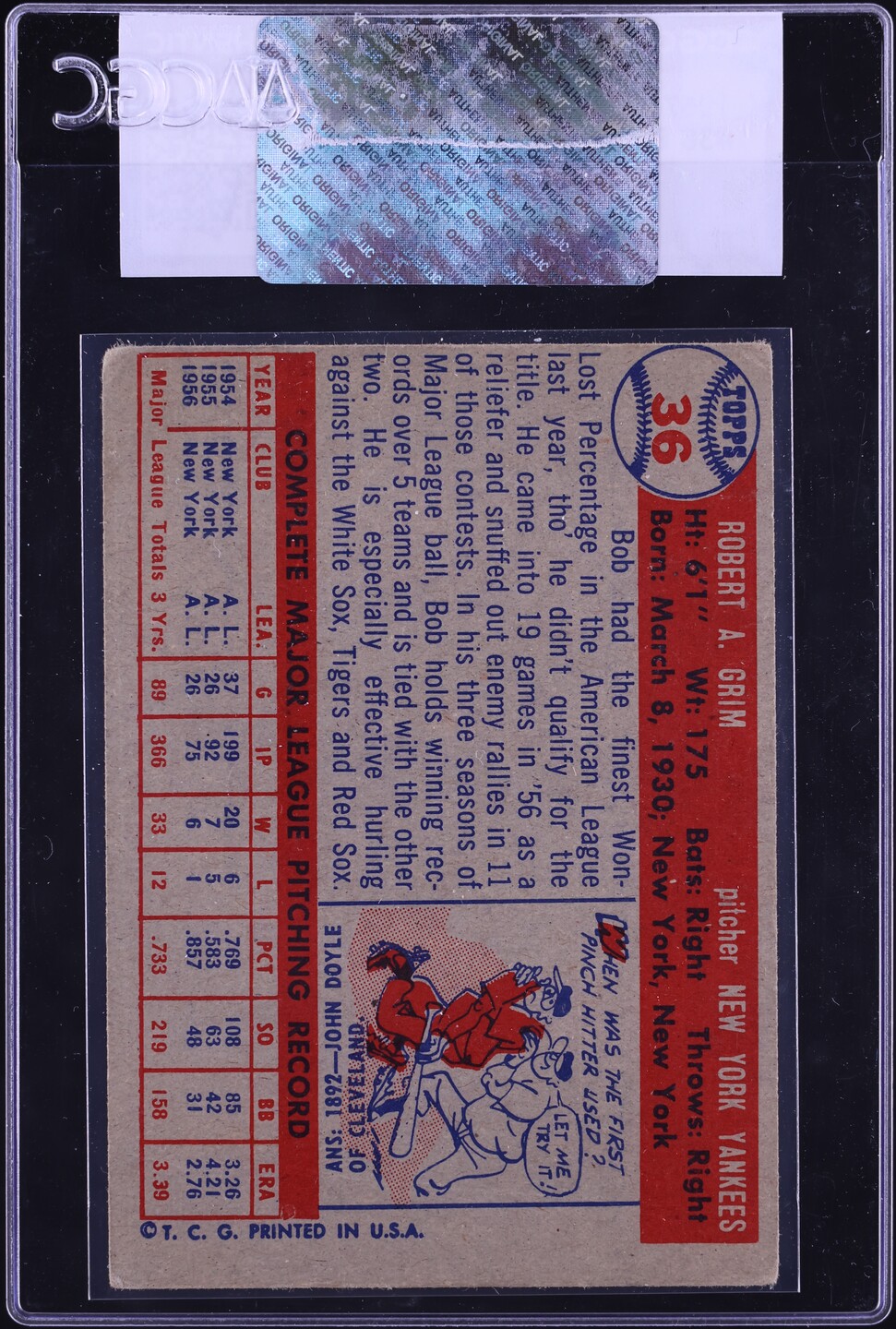 1957 Topps Bob Grim #36 CGC AUTH
