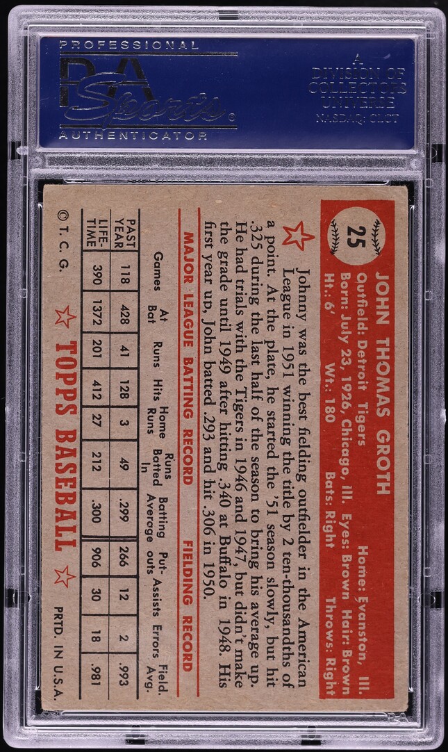 1952 Topps Johnny Groth #25 PSA 4 VGEX