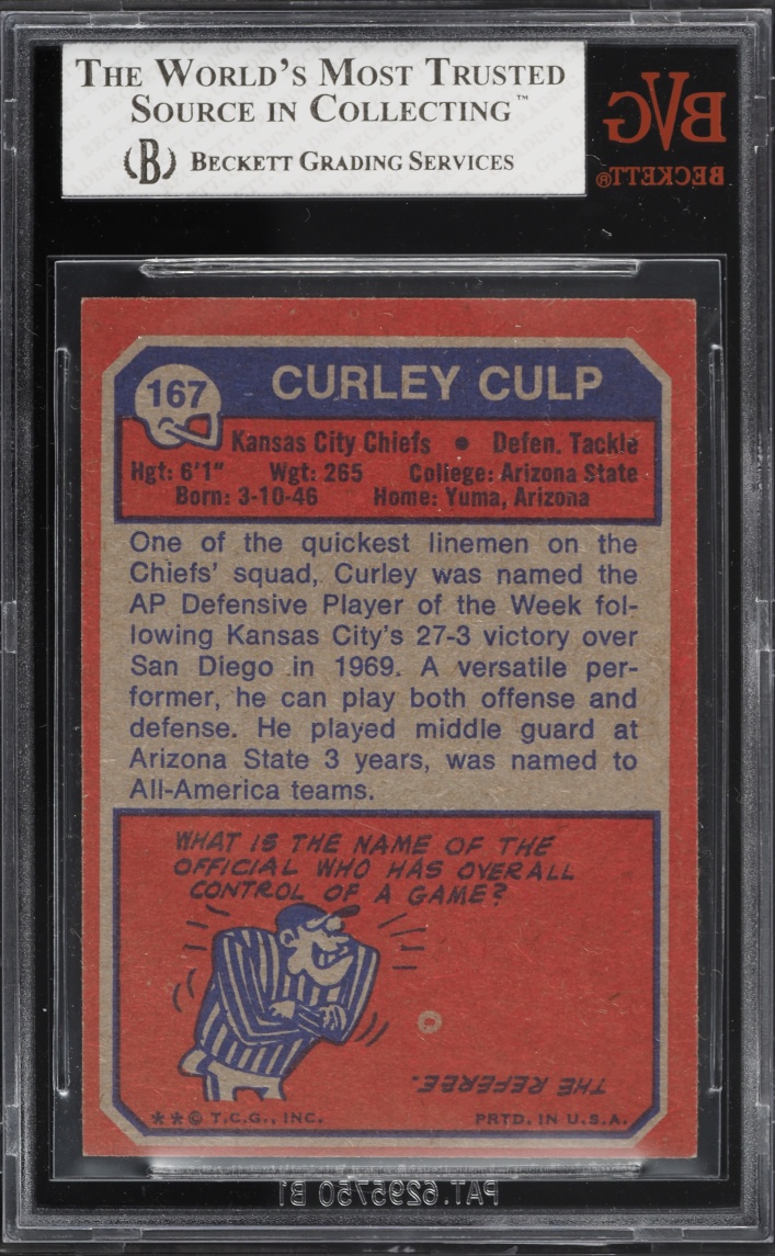 1973 Topps Football Curley Culp #167 BVG 7.5 NRMT+