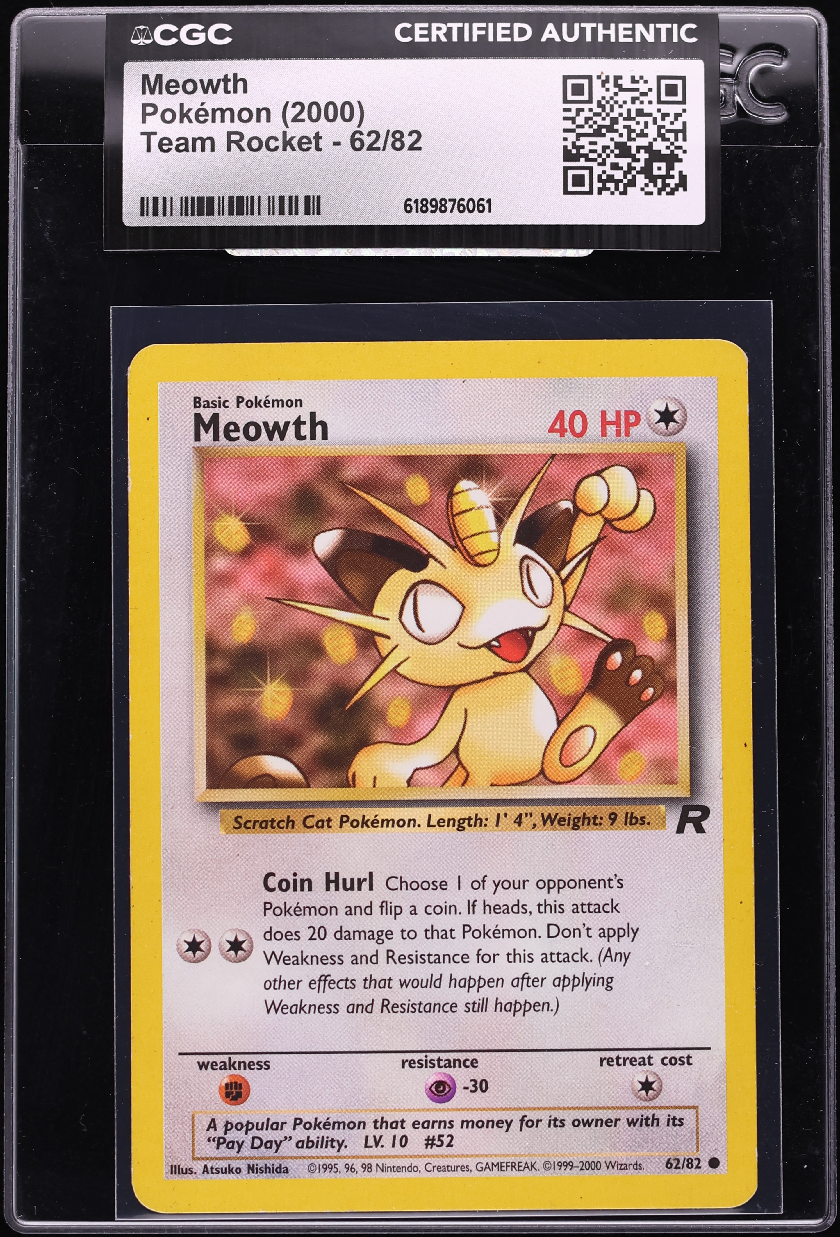 2000 Pokemon Team Rocket Meowth #62 CGC AUTH