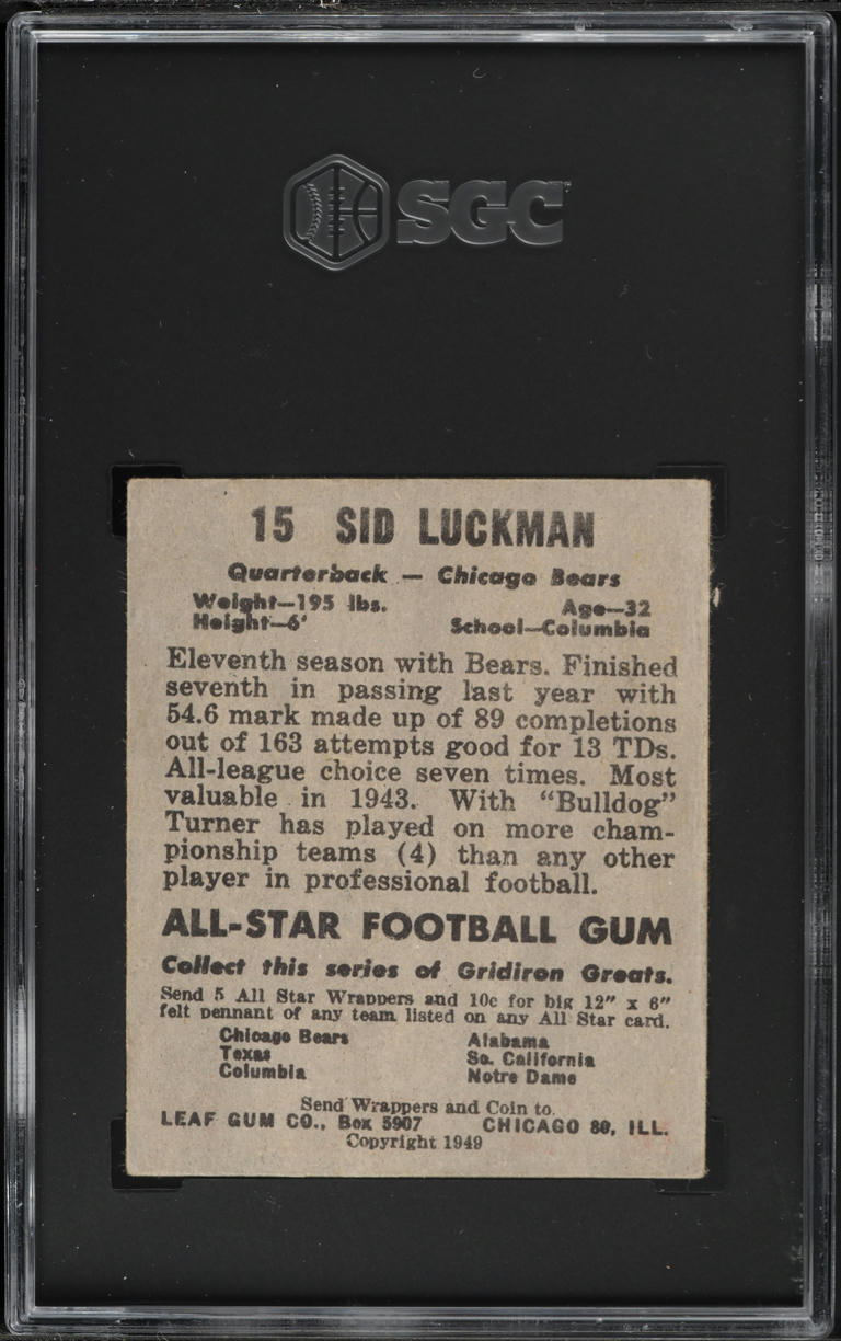 1949 Leaf Football Sid Luckman #15 SGC 3 VG