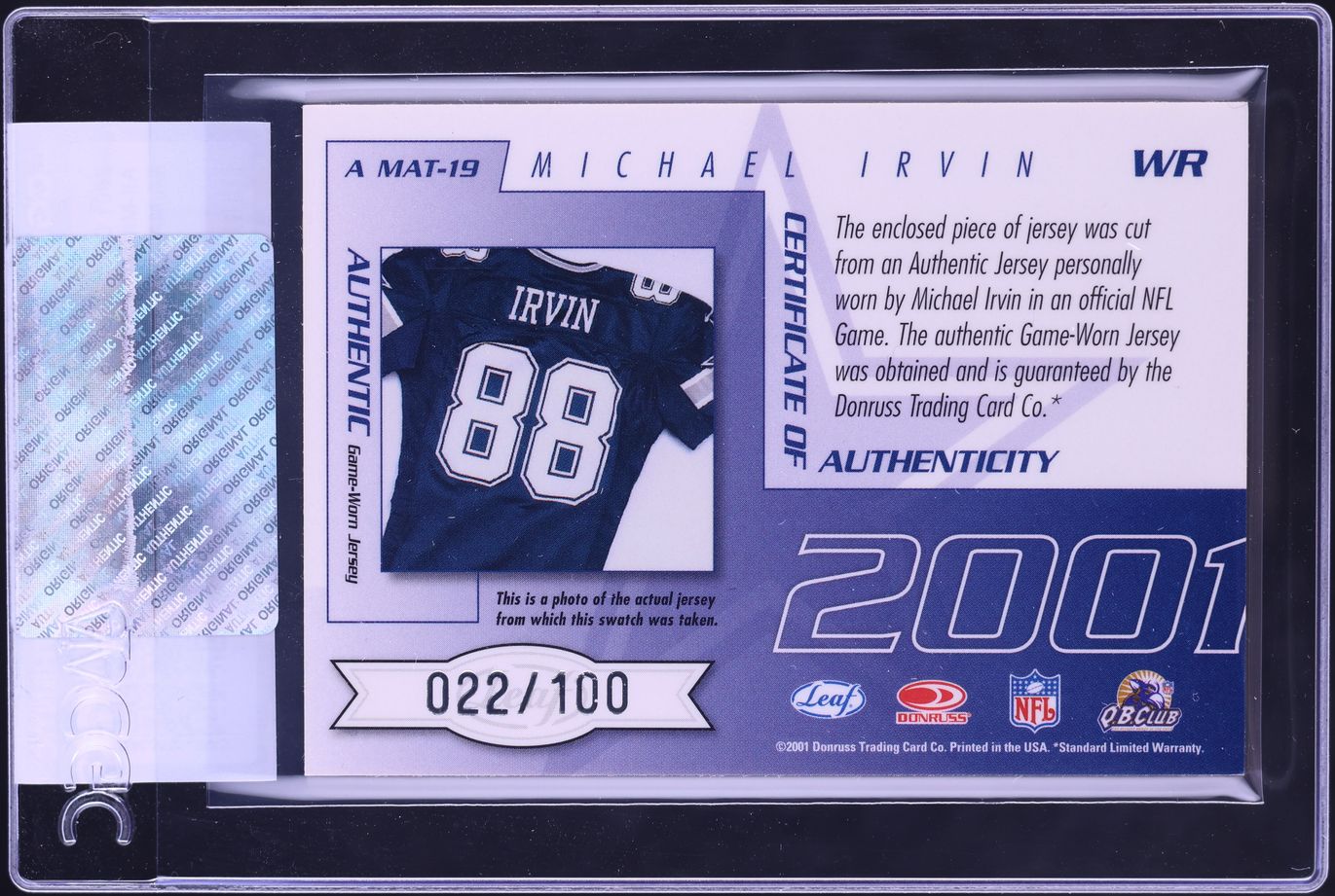 2001 Quantum Leaf All-Millennium Materials Michael Irvin GAME WORN PATCH AUTO /100 CGC AUTH