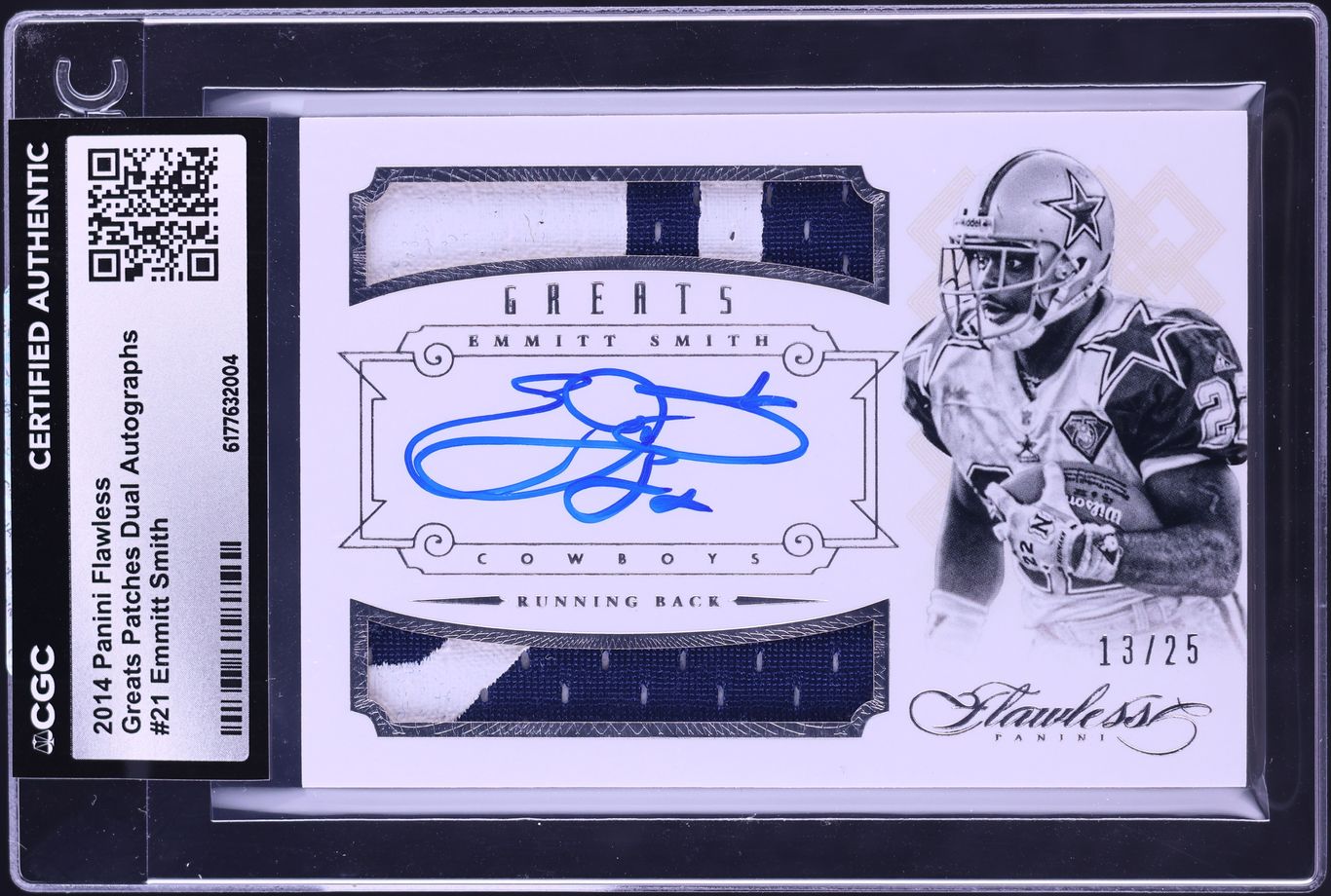2014 Panini Flawless Greats Dual Emmitt Smith GAME WORN PATCH AUTO /25 #21 CGC AUTH