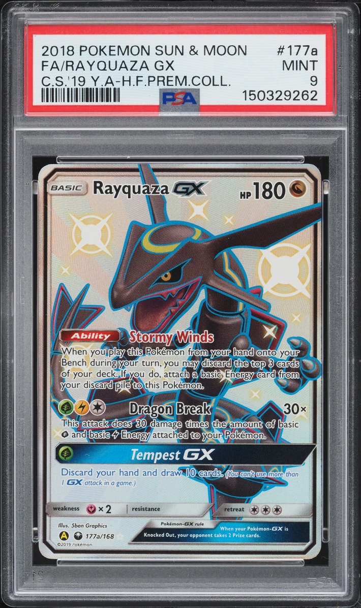 2018 Pokemon Sun & Moon Celestial Storm Hidden Fates Full Art Shiny Rayquaza GX #117a PSA 9