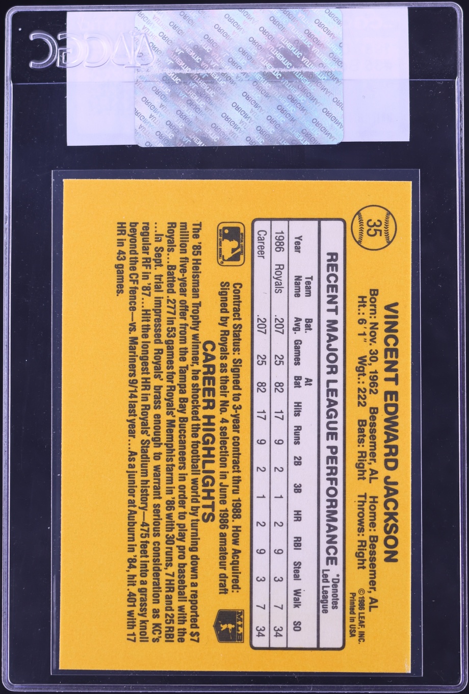 1987 Donruss Bo Jackson ROOKIE #35 CGC AUTH