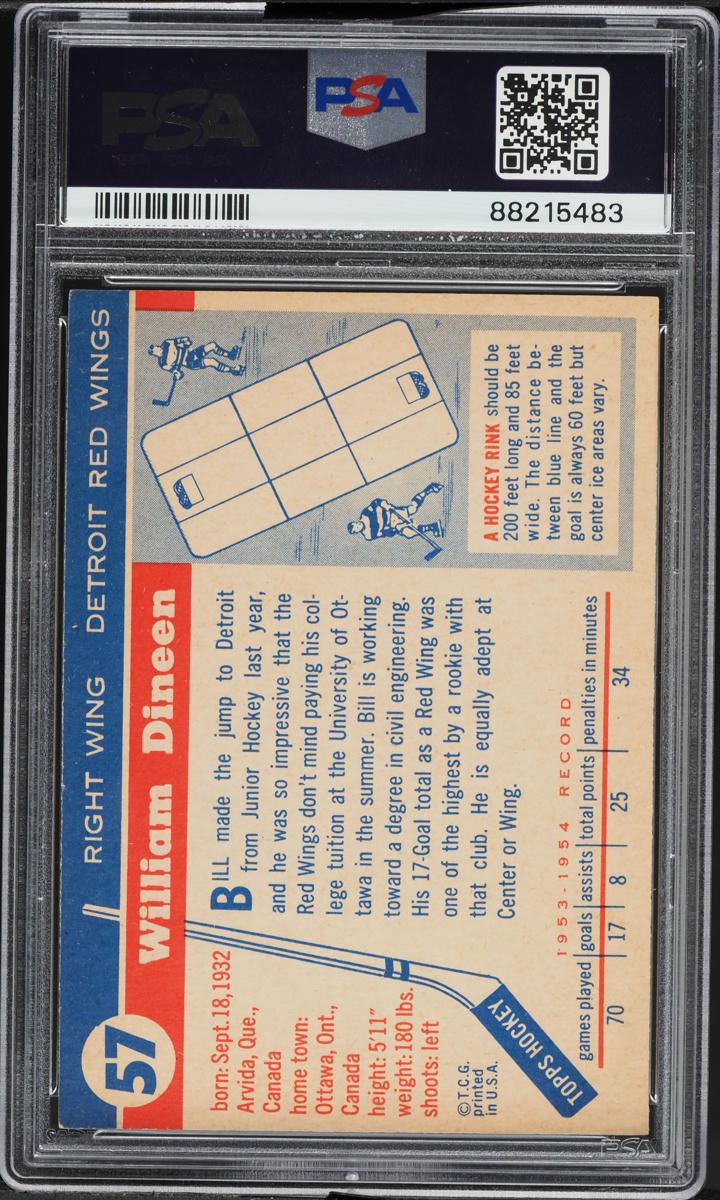 1954 Topps Hockey Bill Dineen #57 PSA 6 EXMT