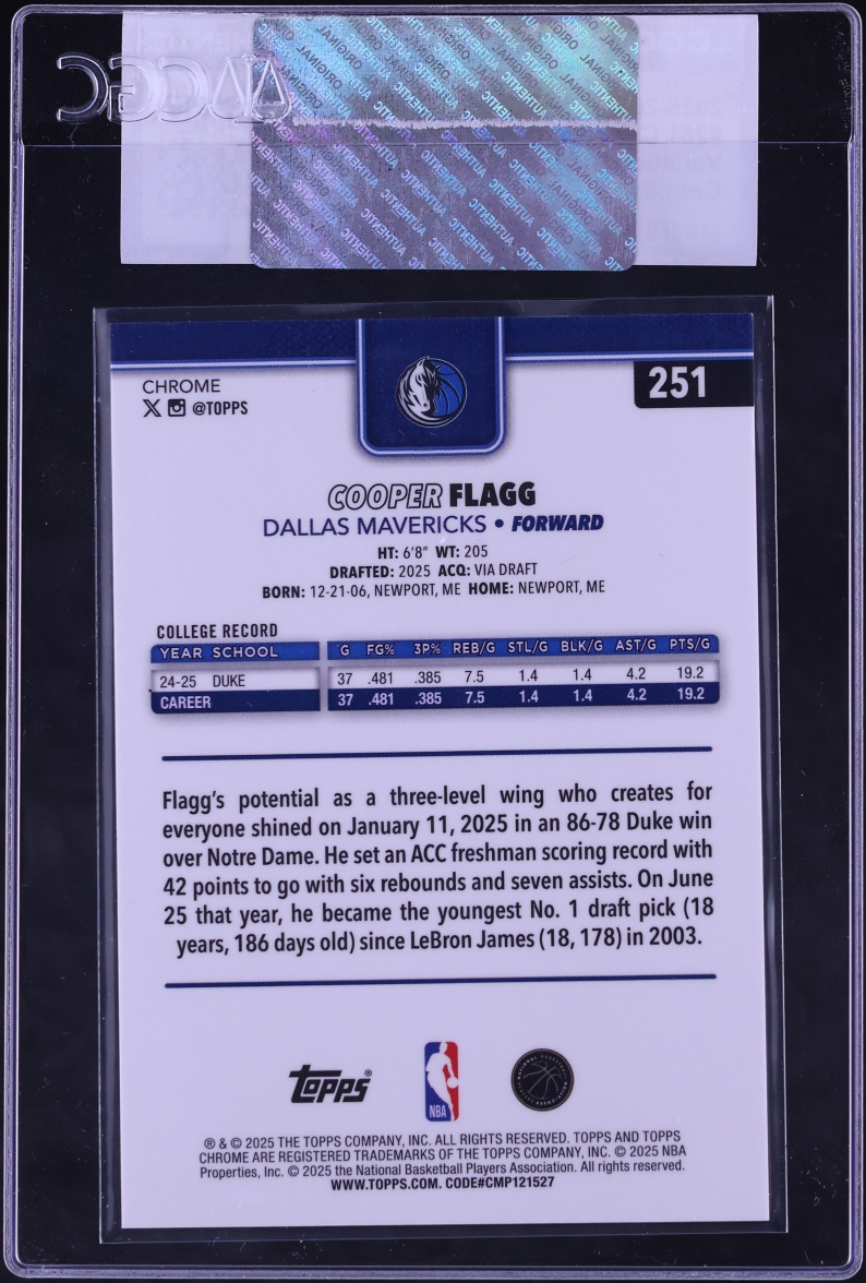 2025 Topps Chrome Variation Gold Speckle Refractor Cooper Flagg ROOKIE /50 #251 CGC AUTH