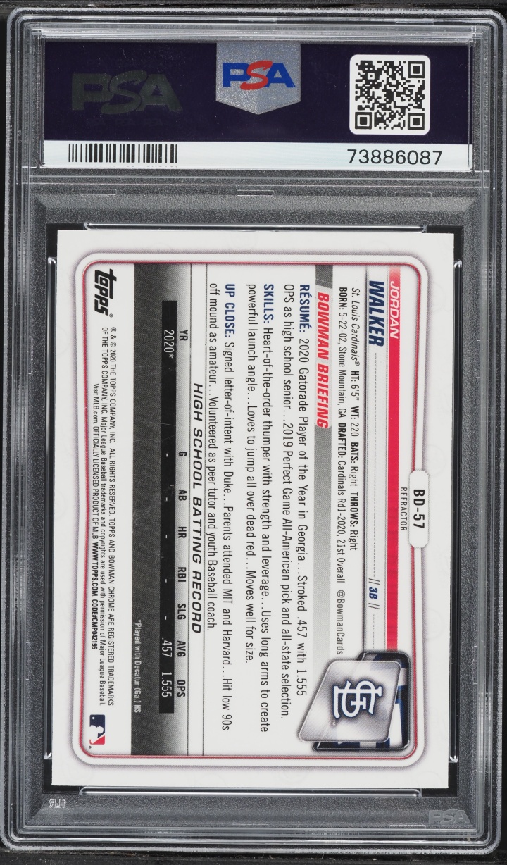2020 Bowman Chrome Draft Refractor Jordan Walker PROSPECT #BD-57 PSA 10 GEM MINT