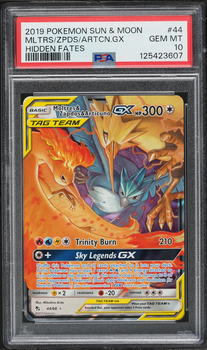 2019 Pokemon Sun & Moon Hidden Fates Full Art Moltres & Zapdos & Articuno GX #44 PSA 10 GEM