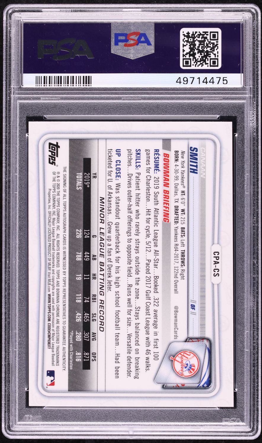 2020 Bowman Chrome Blue Refractor Canaan Smith PROSPECT AUTO /150 #CPACS PSA 9